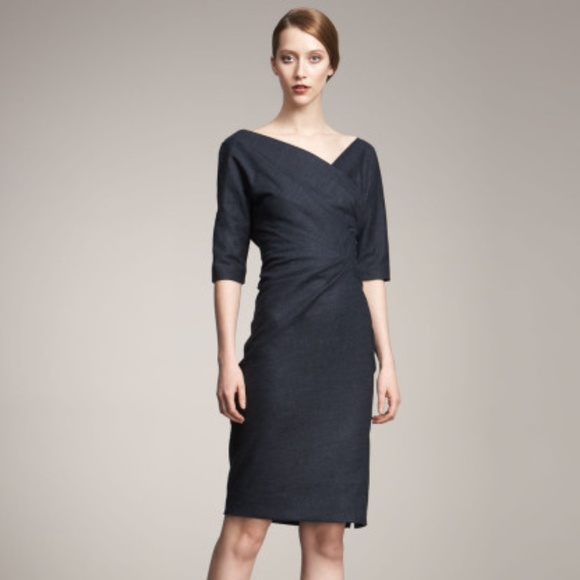 Lela Rose Dresses & Skirts - Lela Rose Navy Side-Ruched Elbow Sleeve Wool Dress